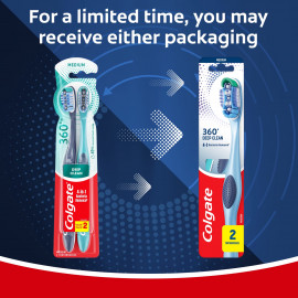 Cepillos Dentales Colgate 360 Limpieza Completa de la Boca, Cerdas Medianas - Paquete de 2