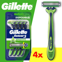 Máquinas de Afeitar Desechables Gillette Sensor3 Sensitive de 3 Hojas para Hombre - 4 Unidades