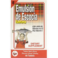 EMULSION DE ESCOCIA en Tabletas. Aceite de hígado de bacalao, suplemento dietético, vitaminas A, B1, D y E, apoyo al sistema inmunológico. 